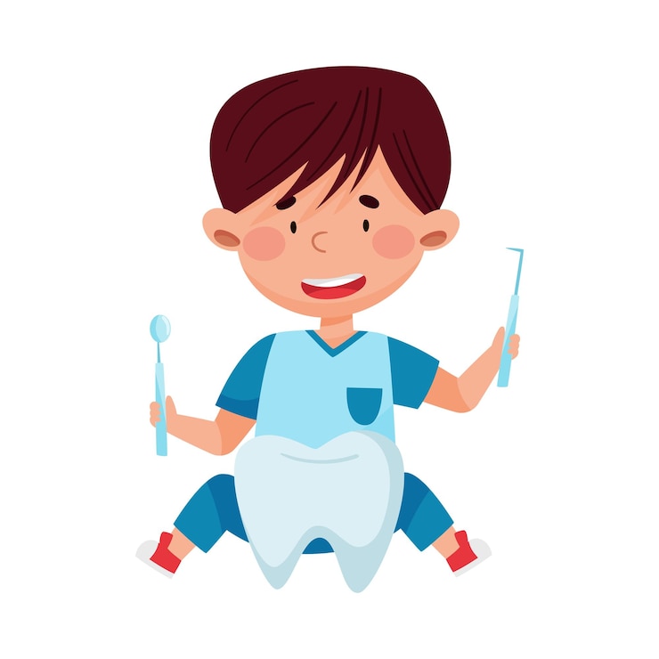 Vecteur character de garçon heureux en tenue médicale jouant le docteur et l'infirmière illustration vectorielle