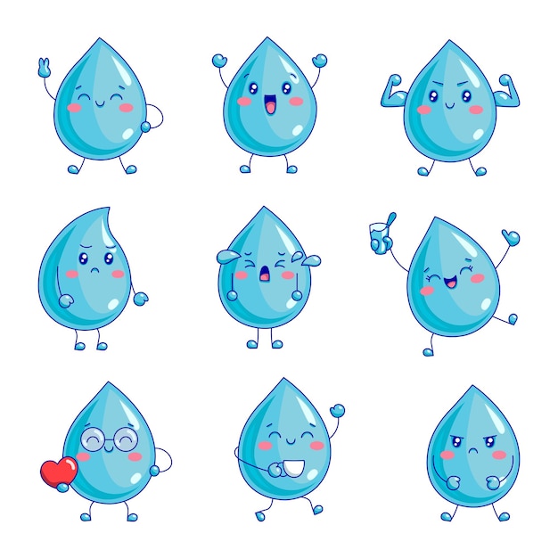 Vecteur characters de goutte d'eau de dessin animé kawaii visage souriant dessiné à la main dessin vectoriel