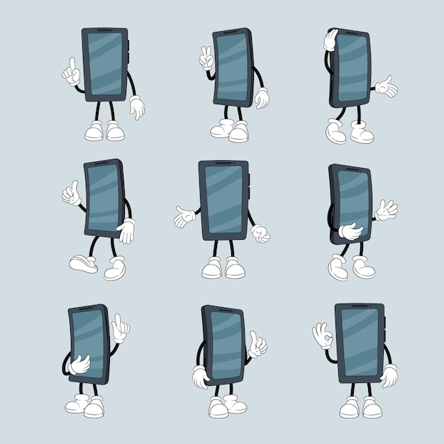 Vecteur characters de téléphone modèle mobile avec bras et jambes visage vide heureux mignon téléphone portable courir marcher agiter la main triste téléphone poser écran vide mascotte vecteur dessin animé concept isolé