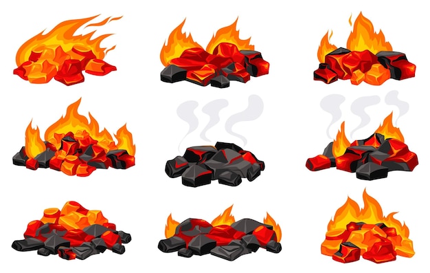 Charbons de bois brûlants Charbons de dessin animé gril feu barbecue chaud incandescent ou brûler la chaleur bois charbon combustion feu de joie barbecue rouge lueur flamboyante énergie carbonique isolé illustration vectorielle soignée