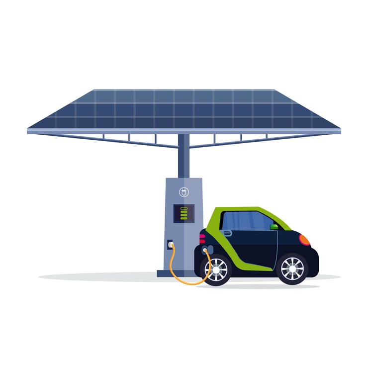 Chargement de voiture électrique sur une station de charge électrique avec panneau solaire technologies écologiques renouvelables concept de soins de l'environnement de transport propre