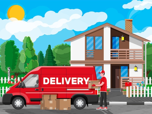 Le chargeur décharge les marchandises de la camionnette Service de livraison rapide et gratuit dans la ville Courrier avec boîte à colis Boîtes en carton de papier déménageur masculin avec des marchandises Cargo et logistique Illustration vectorielle plane de dessin animé