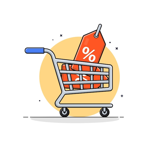Chariot d'achat avec étiquette illustration vectorielle remise et conception de concept de vente