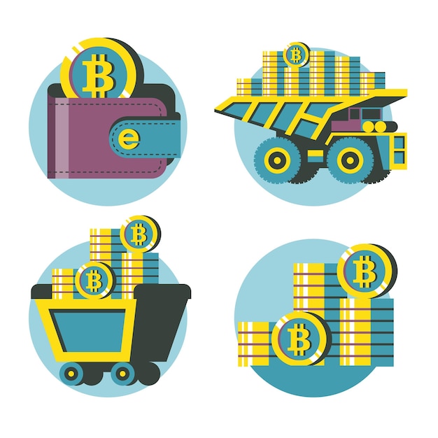 Vecteur chariot avec bitcoins, portefeuille avec bitcoins, pile de pièces, camion à benne basculante avec bitcoins. ensemble de cliparts vectoriels. isolé sur fond blanc.