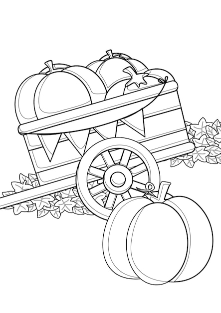 Chariot en bois Automne Saisons Citrouille Coloriages A4 pour enfants et adultes