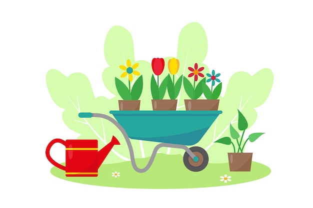 Un chariot de jardin avec des fleurs et un arrosoir