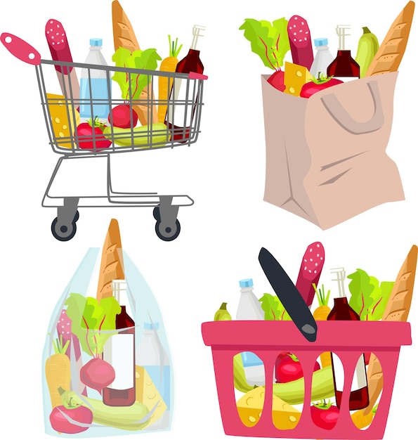 Vecteur un chariot de nourriture. un panier et un sac en papier avec un ensemble d'épicerie du supermarché. un ensemble avec des produits frais et sains, une illustration pour les achats en ligne. image clipart vectoriel sur fond blanc.