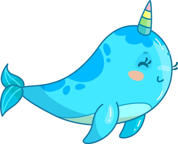 Un charmant narval bleu glisse gracieusement à travers l'océan, orné d'une défensive colorée et d'une expression adorable qui incarne un esprit sous-marin joyeux.
