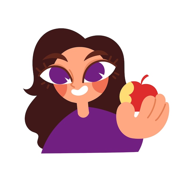 Charmante jeune fille mord une pomme Le concept de nourriture fraîche saine et savoureuse Mangez des fruits pour les vitamines Illustration vectorielle plane de dessin animé