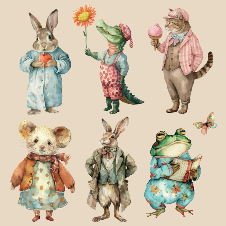Vecteur charmants personnages d'animaux en tenue
