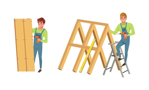 Charpentier professionnel dans l'installation globale de planches de bois avec un ensemble de vecteurs de forage électrique