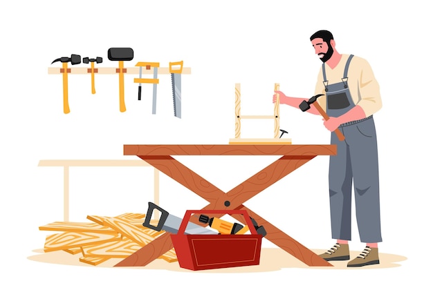 Charpentier travaillant diligemment dans un atelier fabriquant des meubles avec du bois et du marteau utilisant divers outils sur le banc de travail pour des tâches de charpentier et de fabrication qualifiées