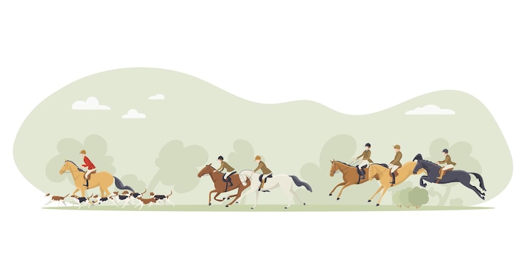 Vecteur chasse au renard de tradition avec des cavaliers à l'anglaise sur paysage