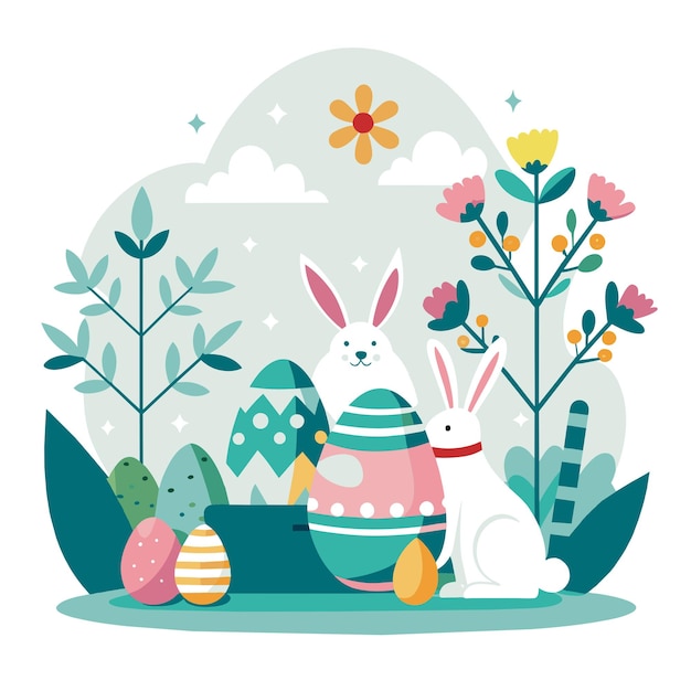 Vecteur chasse aux œufs du jour de pâques enfants heureux design d'illustration plate papier peint modèle d'arrière-plan