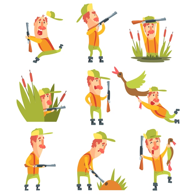 Chasseur dans différentes situations drôles Ensemble d'illustrations