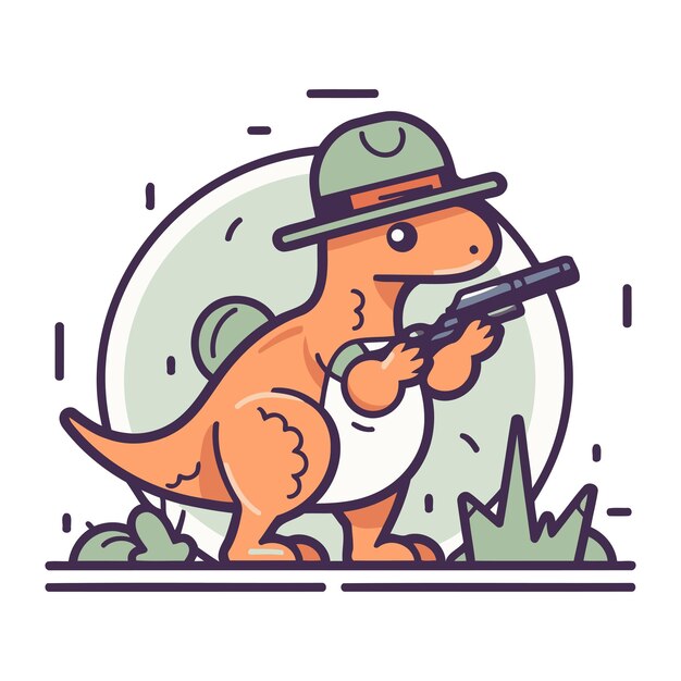 Vecteur chasseur de dinosaure au chapeau avec un pistolet icône de ligne plate illustration vectorielle