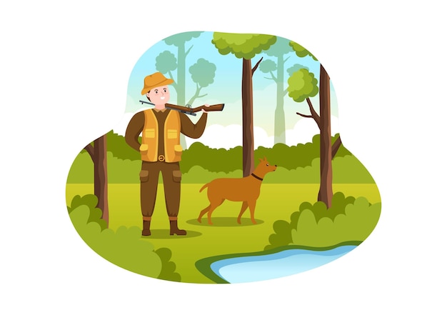 Chasseur avec fusil de chasse ou tir à l'arme sur des oiseaux ou des animaux dans la forêt sur une illustration plate
