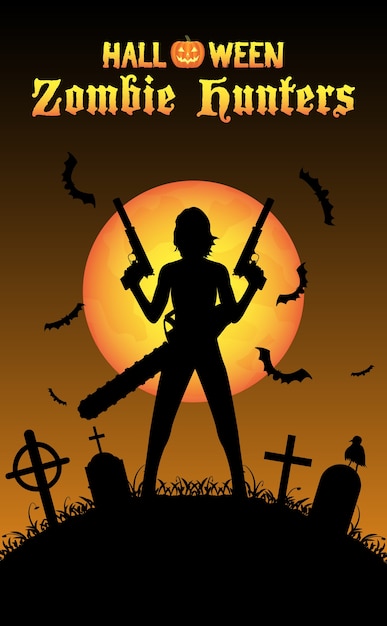 Chasseur De Zombie Halloween Avec Arme De Poing Au Cimetière