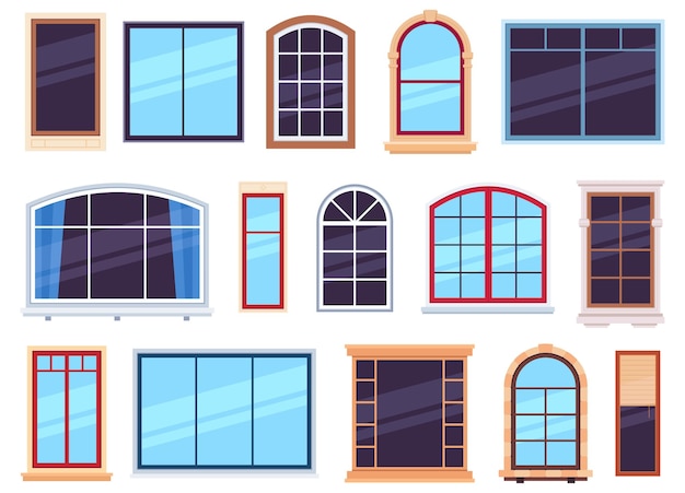 Châssis de fenêtre. Vue extérieure diverses fenêtres en bois et en plastique détaillées, cadres à battants sur l'ensemble de vecteurs plats de conception d'architecture de mur de maison. Illustration de la construction intérieure en plastique et en bois de la fenêtre
