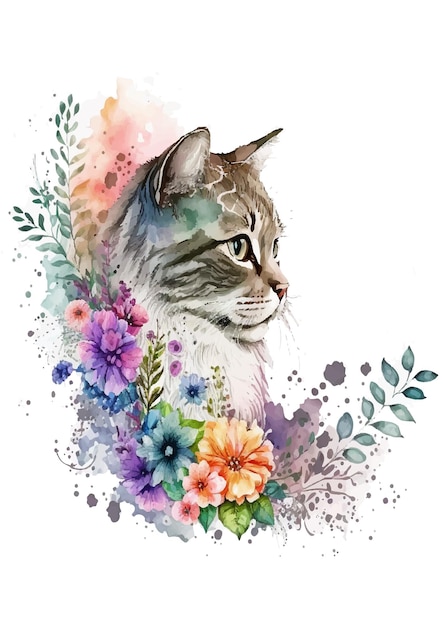 Vecteur chat aquarellé dessiné à la main en fleurs