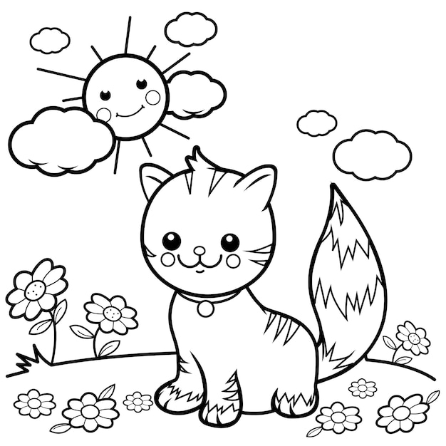 Le chat assis sur l'herbe Le chat tabby mignon et heureux dans le jardin