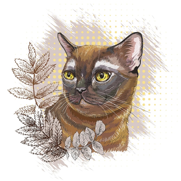 Chat Birman Dans Les Feuilles Illustration Vectorielle Dessinés à La Main