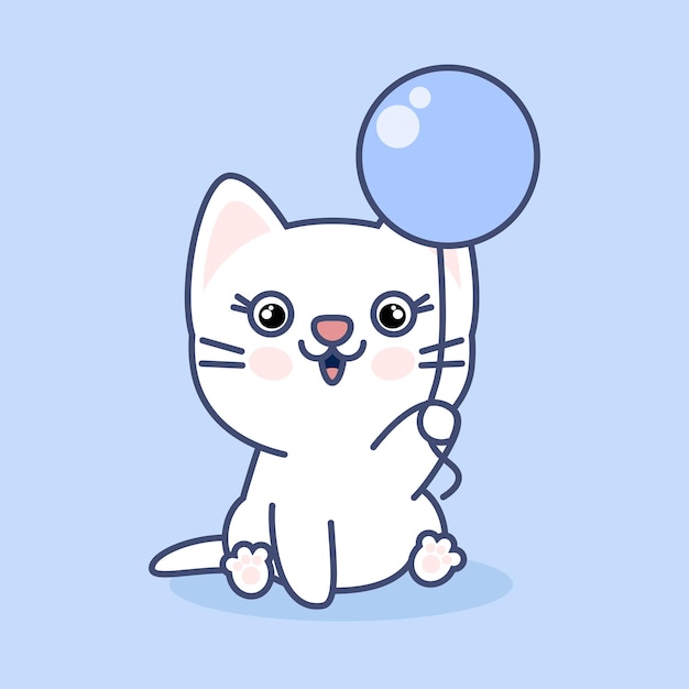 Chat Blanc Kawaii Mignon Avec Un Ballon