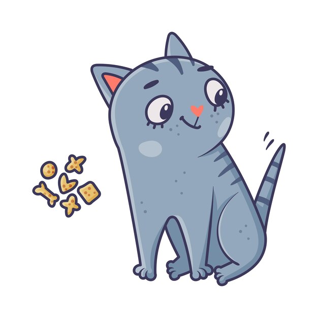 Le chat bleu drôle avec la queue rayée rêvant d'une illustration vectorielle de nourriture sèche