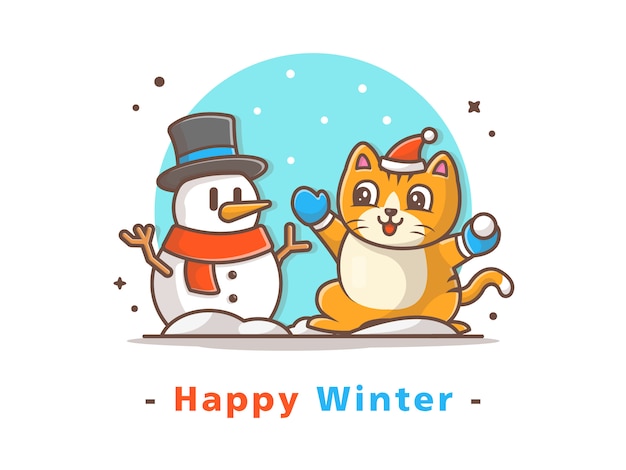 Vecteur chat et bonhomme de neige en saison d'hiver