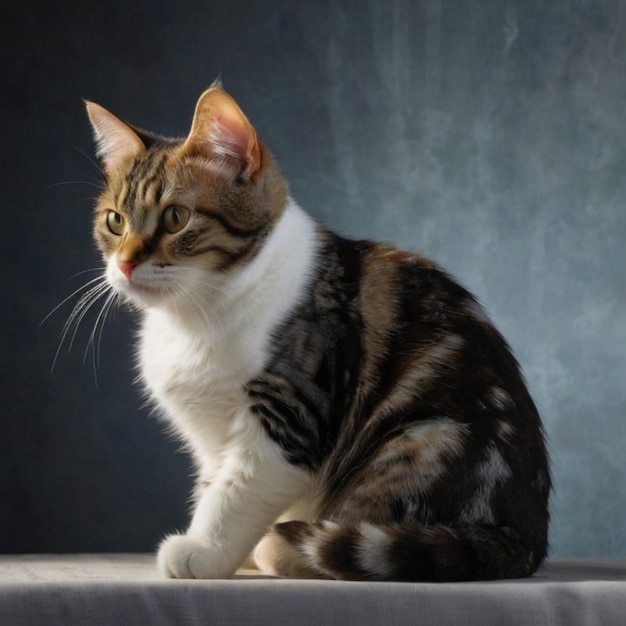 un chat brun et blanc avec une queue blanche est assis sur une surface grise
