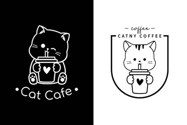 Vecteur chat et café logo chaton tenant un café