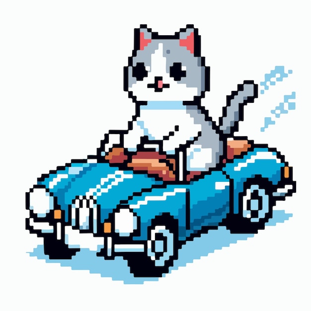 Un chat à cheval sur un cabriolet dans le style pixel art