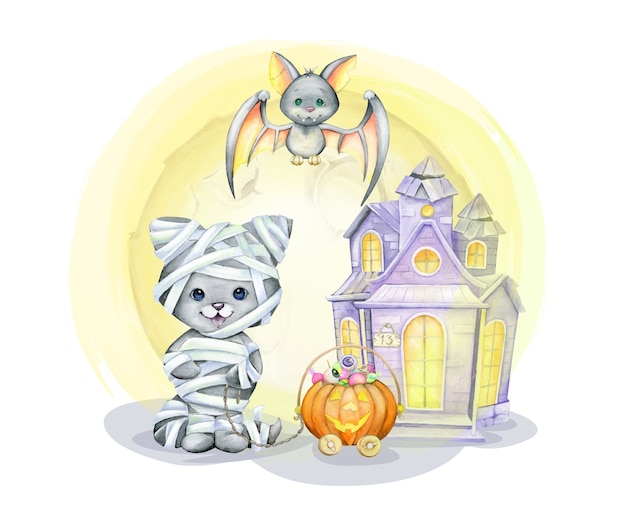 Chat Dans Le Costume De La Momie, Chauve-souris, Citrouille, Doux, à La Maison. Concept Aquarelle, En Style Cartoon Pour Les Vacances D'halloween