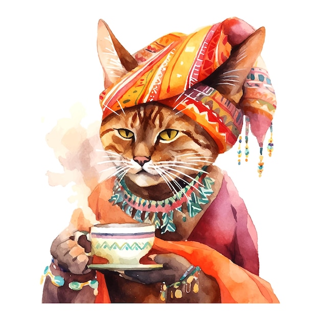 chat dans le turban avec une tasse de café aquarelle sur fond blanc