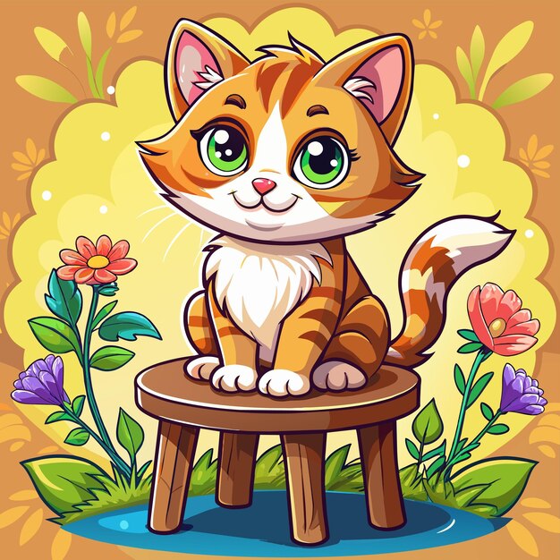 Vecteur un chat de dessin animé est assis sur un tabouret avec un fond jaune avec des fleurs et un fond jaune