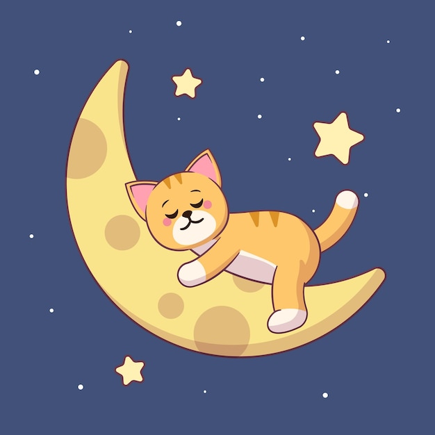 Vecteur chat de dessin animé mignon dormant sur la lune avec des étoiles