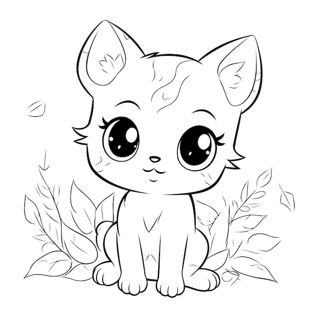 Vecteur chat de dessin animé mignon avec des feuilles vertes illustration vectorielle pour livre de coloriage