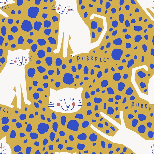 Chat De Dessin Animé Avec Motif Vectoriel Sans Couture D'objet Abstrait Isolé Sur Fond Jaune