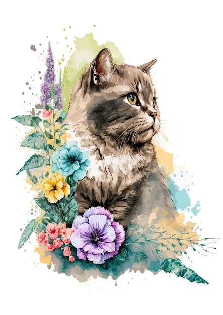 chat dessiné à la main avec des fleurs