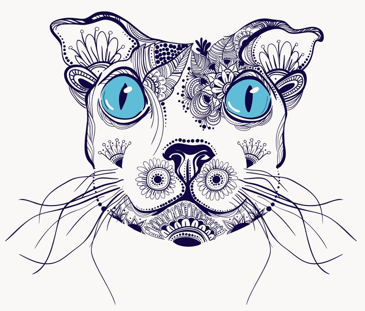 Vecteur chat dessiné à la main avec motif floral doodle illustration vectorielle pour t-shirt de tatouage de livre de coloriage