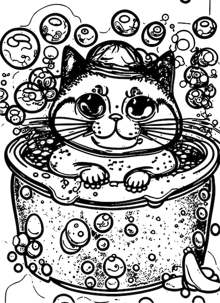 Chat détendu dans un bain moussant Image de livre de coloriage pour enfants