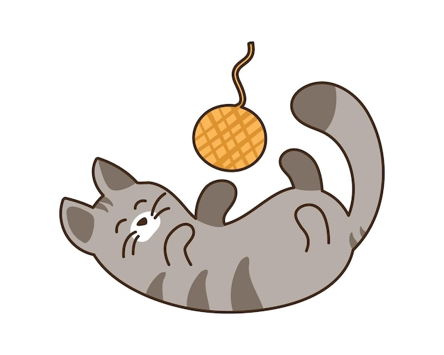 Le chat domestique joue avec une boule de fil Pet gris à rayures mignon allongé Kawaii animal joyeux