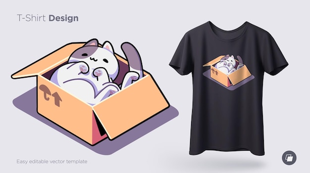 Chat Drôle Assis Dans Une Boîte En Carton. Imprimez Sur Des T-shirts, Des Sweat-shirts, Des étuis Pour Téléphones Portables, Des Souvenirs. Illustration Vectorielle