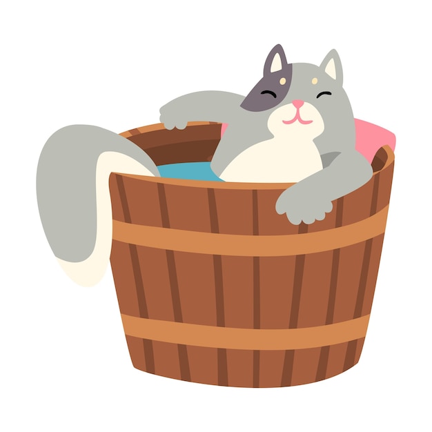 Vecteur un chat drôle prenant un bain de source chaude japonaise un animal de compagnie profitant d'une procédure de spa dans un baril de bois illustration vectorielle