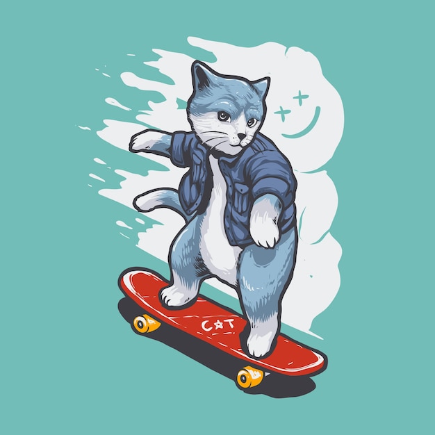 Chat Drôle De Skateboard Isolé Sur Bleu