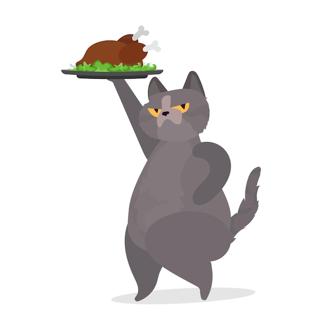 Le Chat Drole Tient Une Dinde Rotie Un Chat Au Regard Rigolo Tient Un Poulet Frit Bon Pour Les Autocollants Les Cartes Et Les T Shirts Isole Vecteur Vecteur Premium