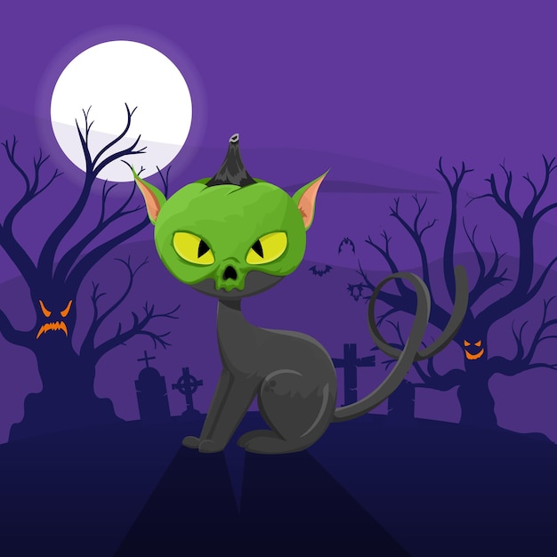 Vecteur chat effrayant pour halloween avec tête de citrouille verte