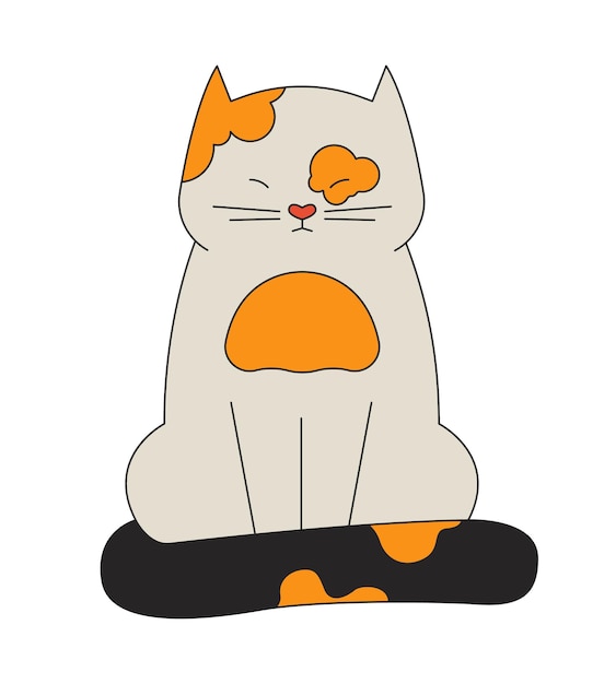 Vecteur chat endormi plissant les yeux personnage de dessin animé linéaire 2d chat tacheté animal de compagnie enroulant la queue autour de lui-même ligne isolée vecteur animal fond blanc chat clignotant illustration de point plat de couleur