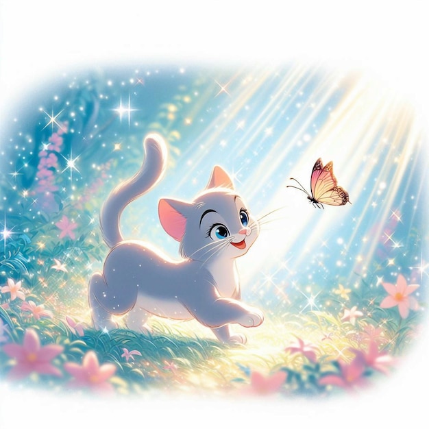 Un chat enjoué qui poursuit un papillon dans un jardin ensoleillé dans le style de l'animation classique de Disney.