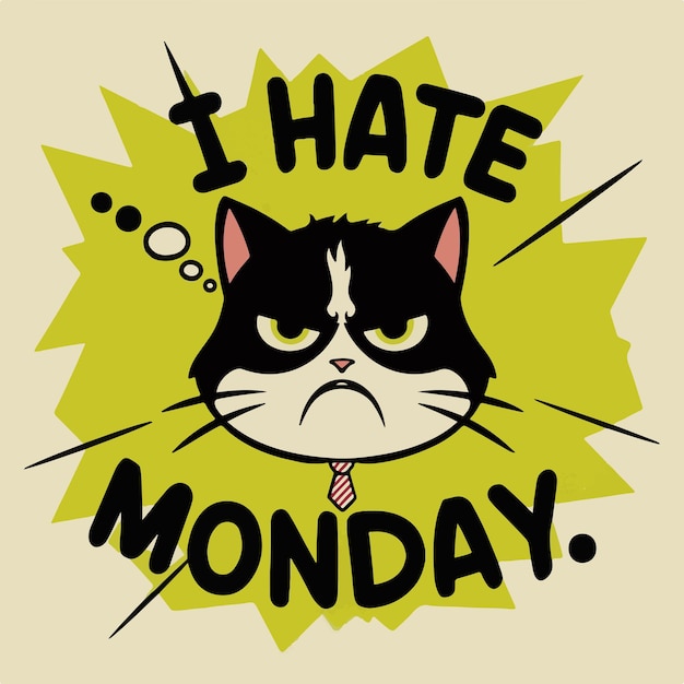 Vecteur un chat avec une étiquette disant que je déteste le lundi.